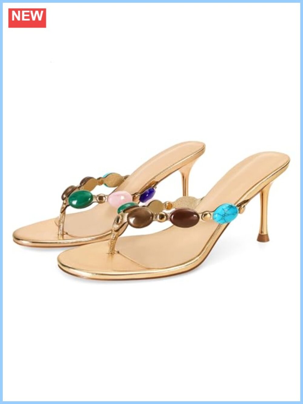 Jewelled Strappy Heeled Sandals Stiletto Thong Flip-Flop Vegan Leather Bohemian